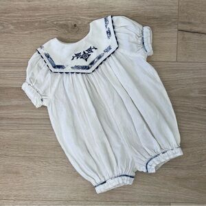 Little Wishes Macy’s Vintage Blue & White Embroidered Bubble Romper